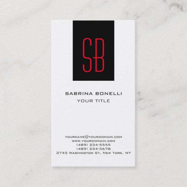 Modern Red Monogram Strip White Business Card Visitenkarte (Vorderseite)