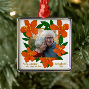 Modern Red Orange Gold Floral Foto Weihnachten Ornament Aus Metall
