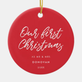 Modern Red Our First Christmas Verheiratet Keramik Ornament