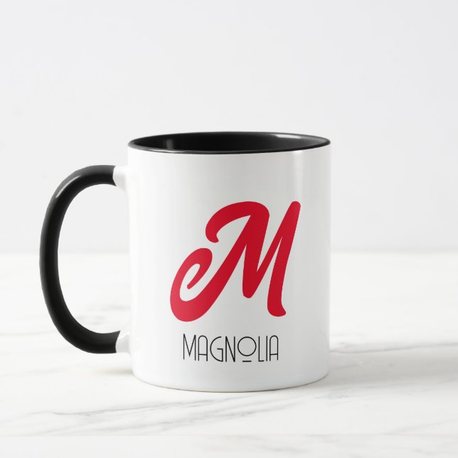 Modern Red Personalisiert Script Monogram Tasse (Links)
