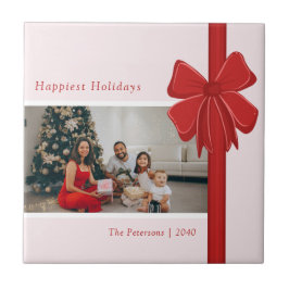 Modern Red & Pink Ribbon Bow Wrap Photo Christmas Fliese