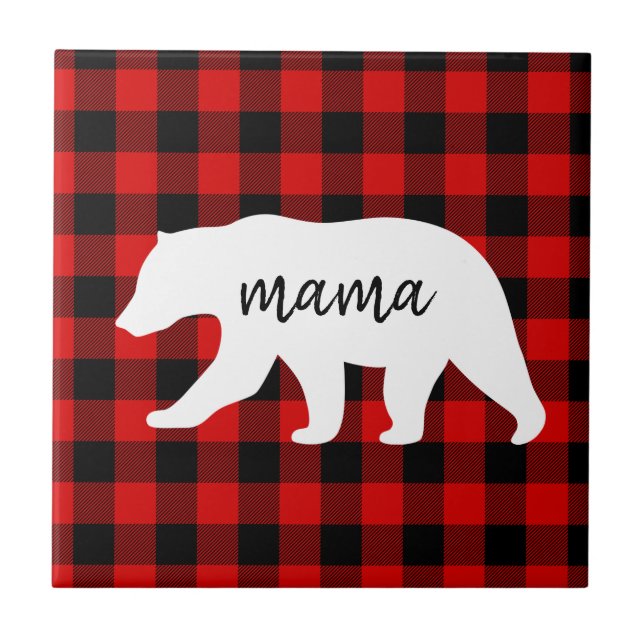 Modern Red Pläd and White Mama Bear Gift Fliese (Vorderseite)