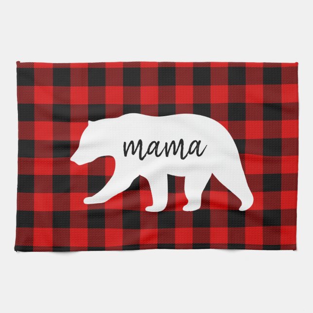 Modern Red Pläd and White Mama Bear Gift Geschirrtuch (Horizontal)