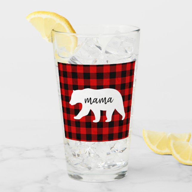 Modern Red Pläd and White Mama Bear Gift Glas (Vorderseite Ice)