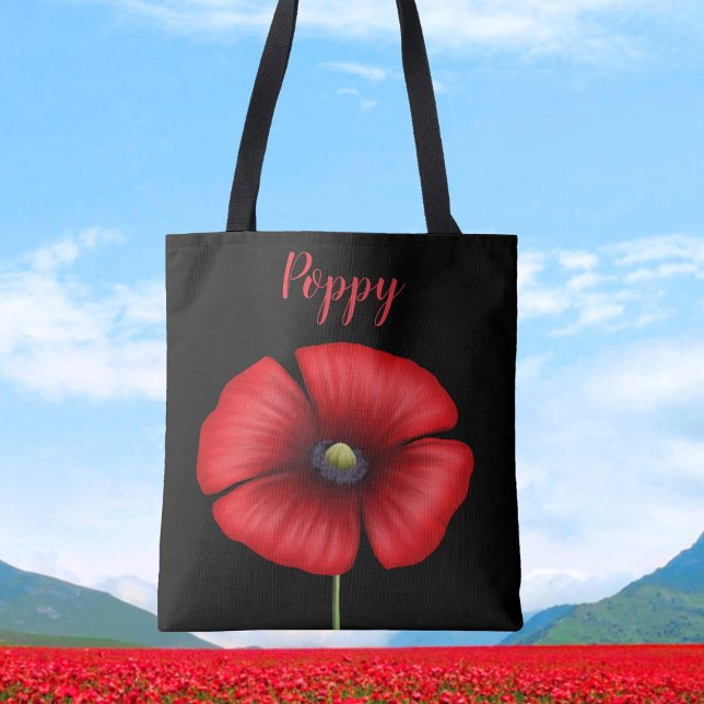 Modern Red Poppe Name Black Floral Tote Bag (A pretty poppy tote bag for you to pop your name on)