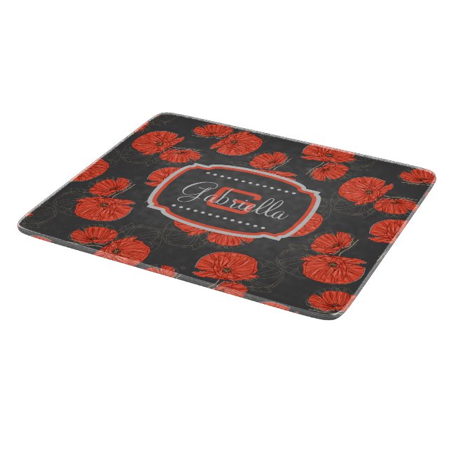 Modern Red Poppy Muster Monogram on Slate Gray Schneidebrett (Ecke)