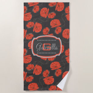 Modern Red Poppy Muster Monogram on Slate Gray Strandtuch