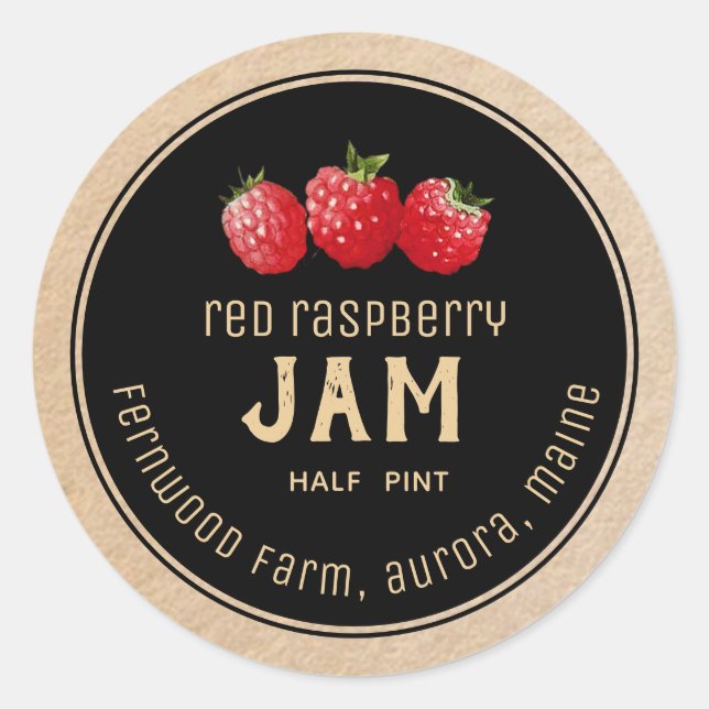 Modern Red Raspberry Jam Label Black on Kraft Runder Aufkleber (Vorderseite)