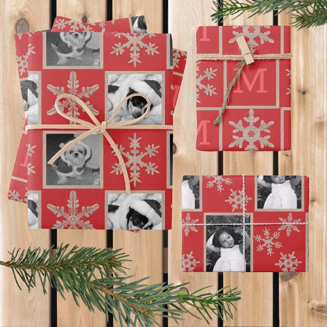Modern Red Rustic Snowflake Monogram Foto Geschenkpapier Set (Von Creator hochgeladen)