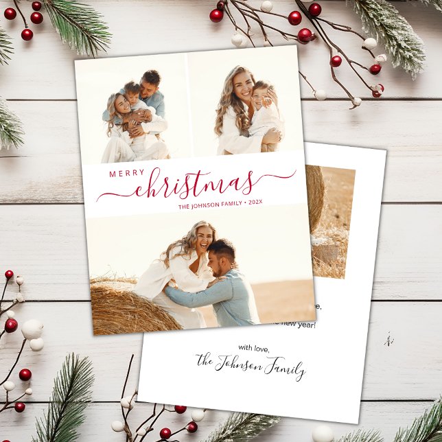 Modern Red Script 3 Foto Collage Weihnachtskarte Einladung (Von Creator hochgeladen)