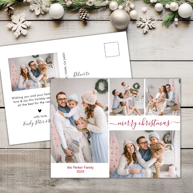 Modern Red Script 5 Multiple Christmas Foto Postkarte (Von Creator hochgeladen)