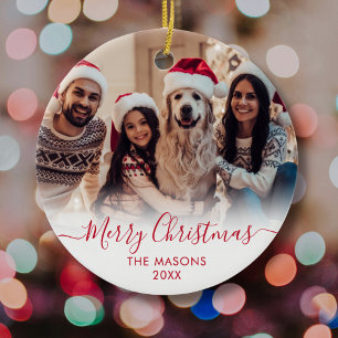 Modern Red Script White2 Foto Frohe Weihnachten Keramik Ornament