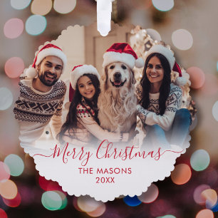 Modern Red Script White 2 Foto Weihnachten Ornament Karte