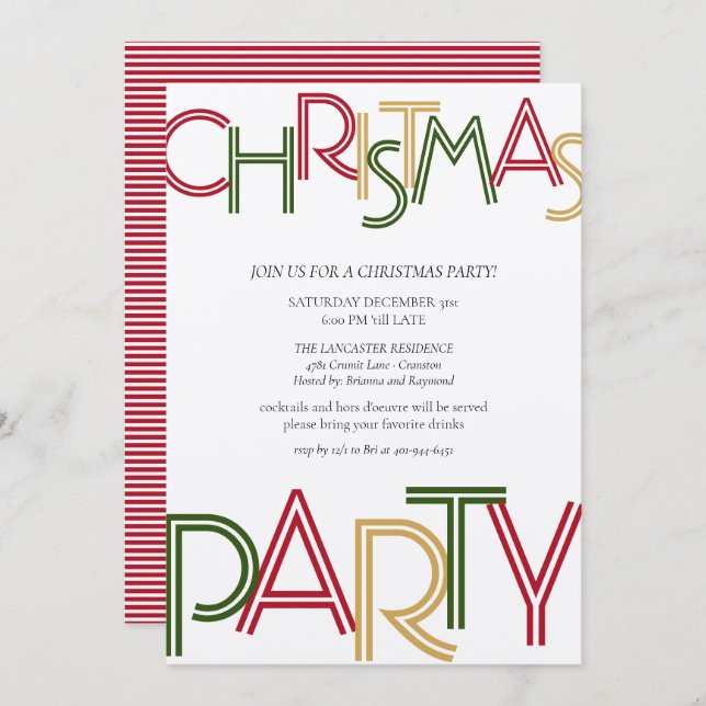 Modern Red Strips Green Gold Weihnachten Party  Einladung (Vorne/Hinten)