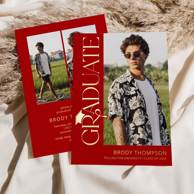Modern Red Tassel 3 Photo Graduation Folieneinladung (Von Creator hochgeladen)