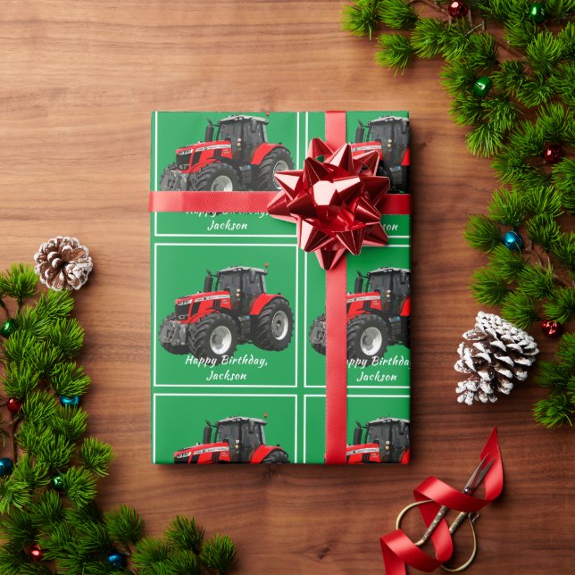 Modern Red Traktor Wrapping Paper Geschenkpapier (Feiertagsgeschenk)