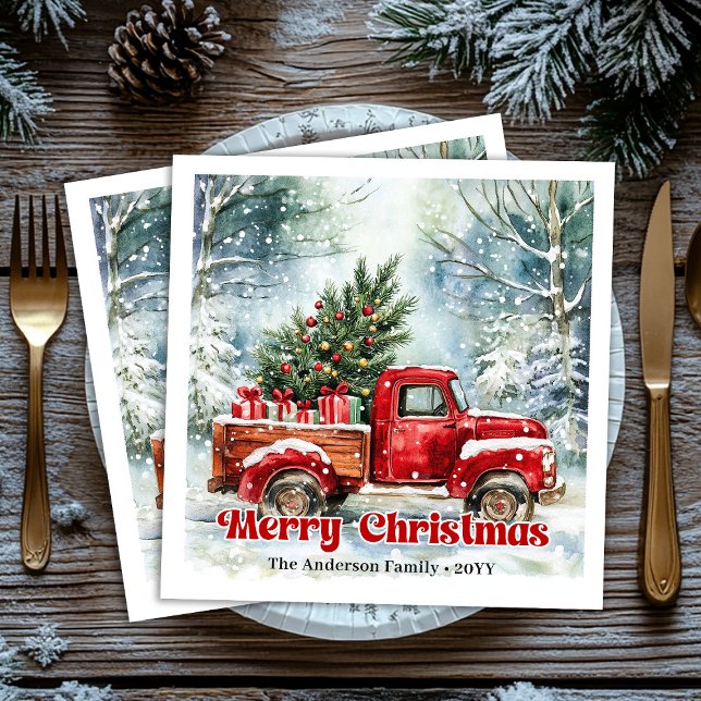 Modern red truck Christmas scene rustic napkins  Serviette (Modern red truck Christmas scene rustic napkins set)