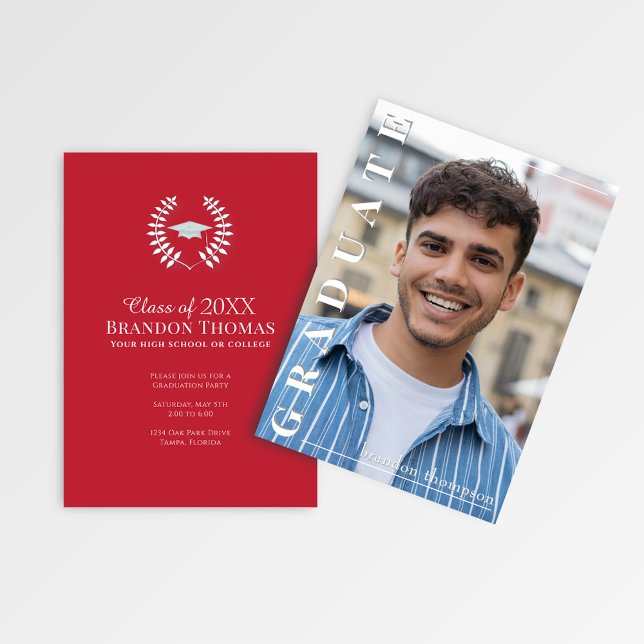 Modern Red Vertical Name Graduation Photo Card Einladung (Red graduation photo announcement with laurel emblem and customizable party details.)