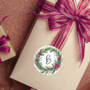 Modern Red Watercolor Christmas Wreath Monogram Runder Aufkleber