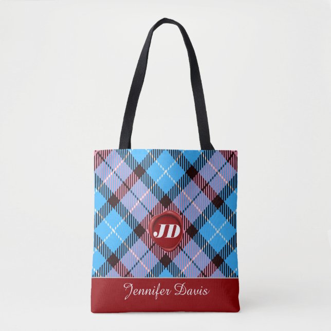 Modern Red Wax Monogram Script Name Kariert Tartan (Vorderseite)