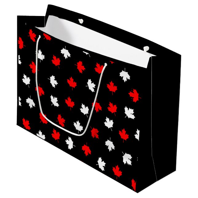 Modern Red White Canada Mapsleaf Black Pattern Große Geschenktüte (Vorderseite Schrägansicht)
