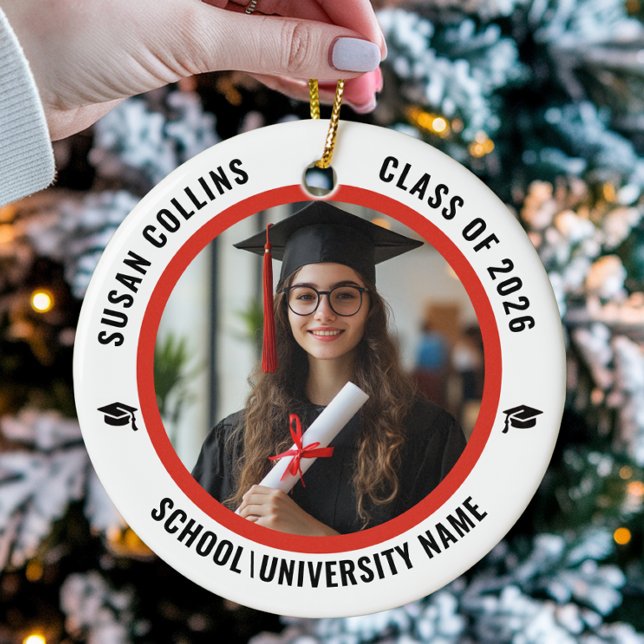 Modern Red & White Custom Photo Graduation Keramik Ornament (Von Creator hochgeladen)