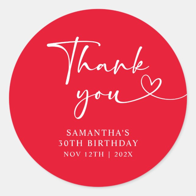 Modern Red White Hello 30th Birthday Runder Aufkleber (Vorderseite)
