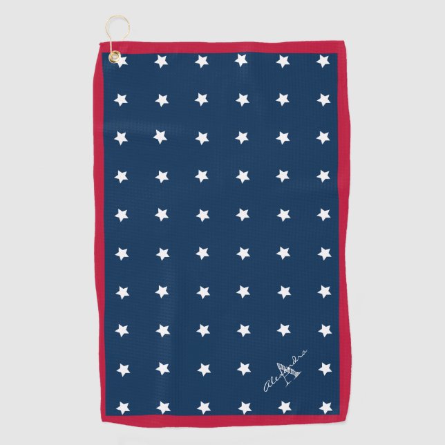 Modern Red White Navy Blue Stars Muster Monogram Golfhandtuch (Vorderseite)