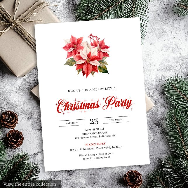 Modern Red White Poinsettia Bouquet Christmas  Einladung (Modern Red White Poinsettia Bouquet Christmas Invitation)
