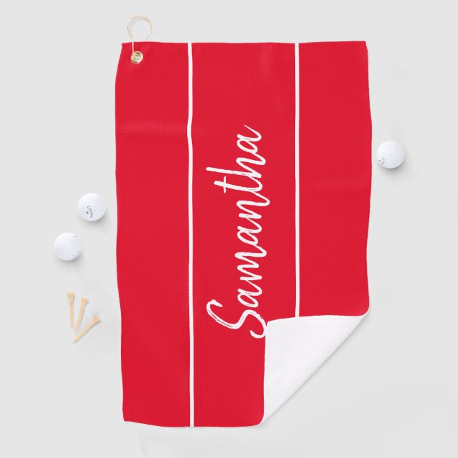 Modern Red White Script Monogram Womens Golfhandtuch (Insitu)