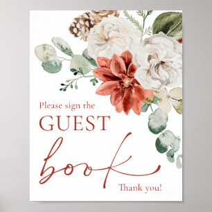 Modern Red Winter Christmas Guest Book Sign Poster