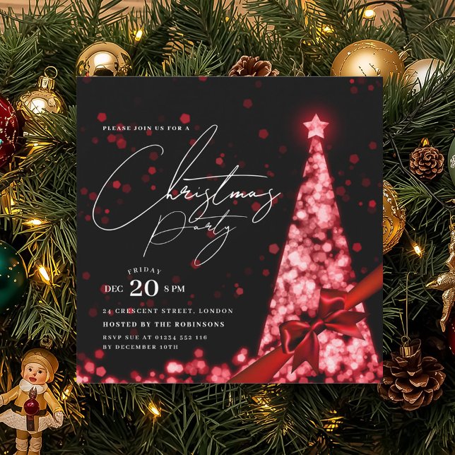 MODERN Red Winter Christmas Tree Bow Party  Einladung (MODERN Red Winter Christmas Tree Bow Party Invitation)