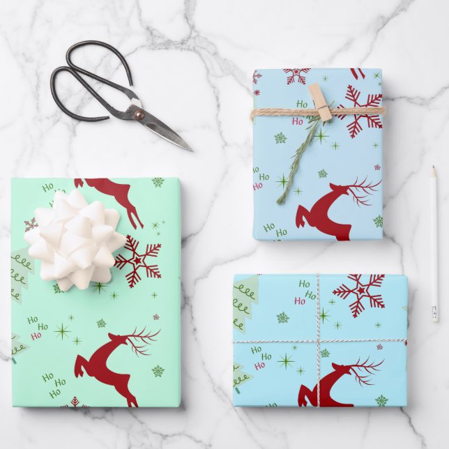 Modern Reindeer & Snowflake Gift Wrap Set Geschenkpapier Set (Vorderseite)