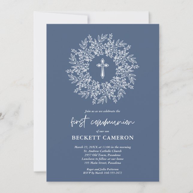 Modern Religious Blue Cross First Communion Einladung (Vorderseite)