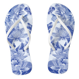 Modern Retro Blue Willow Chinoiserie Lotus Flip Flops