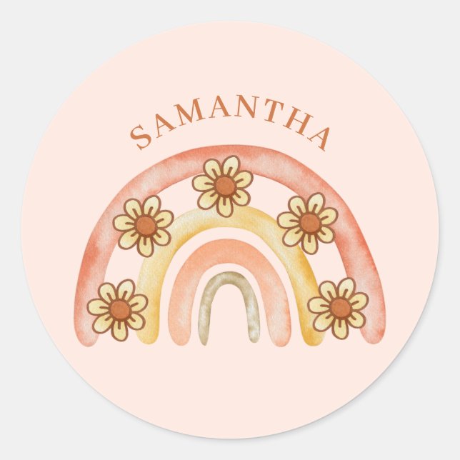 Modern Retro Boho Rainbow Name Runder Aufkleber (Vorderseite)