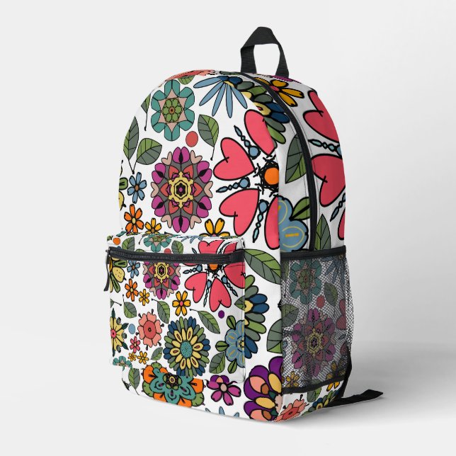 Modern Retro Floral Drawing Seamless Pattern Art Bedruckter Rucksack (Rückseitige Ecke Rechts)