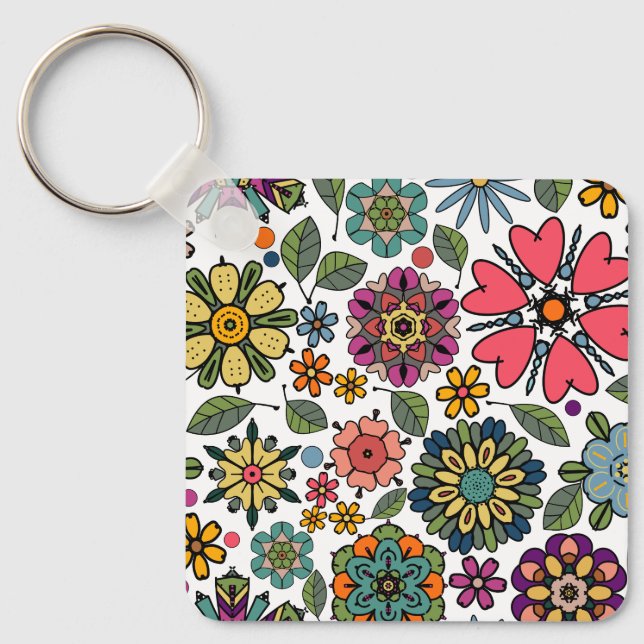 Modern Retro Floral Drawing Seamless Pattern Art Schlüsselanhänger (Vorderseite)