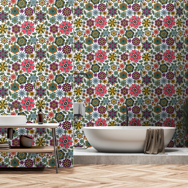 Modern Retro Floral Drawing Seamless Pattern Art Tapete (Badezimmer)
