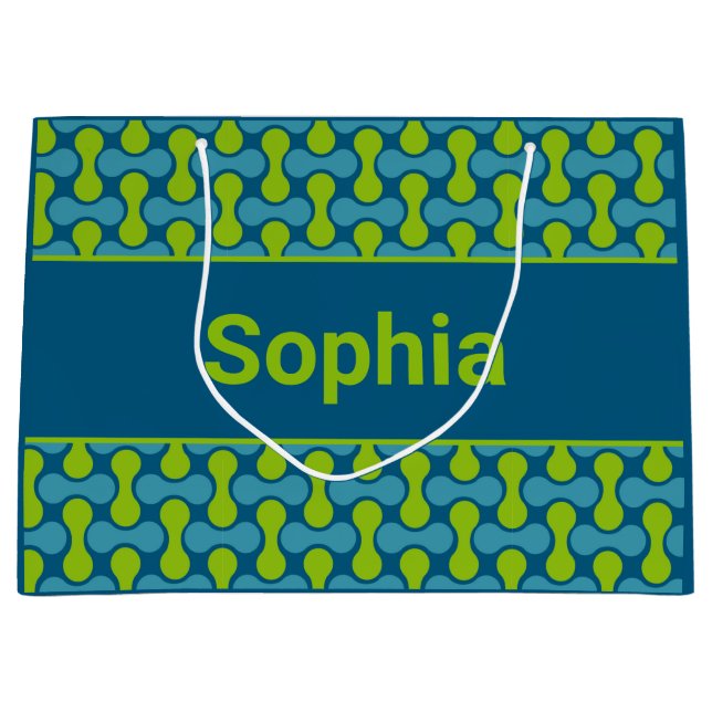 Modern Retro Link Pattern in Blue and Green Große Geschenktüte (Vorderseite)