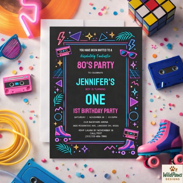 Modern Retro Neon 80’s 1st Birthday Party Einladung (Modern Retro Neon 80’s 1st Birthday Party Invitation
)