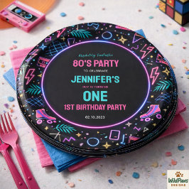 Modern Retro Neon 80’s 1st Birthday Party Pappteller