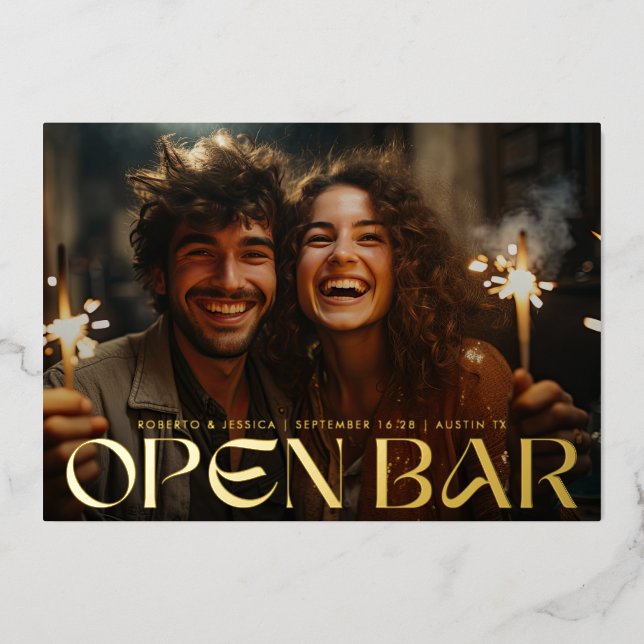 Modern Retro Open Bar Photo Save The Date Gold Folieneinladung (Vorderseite)