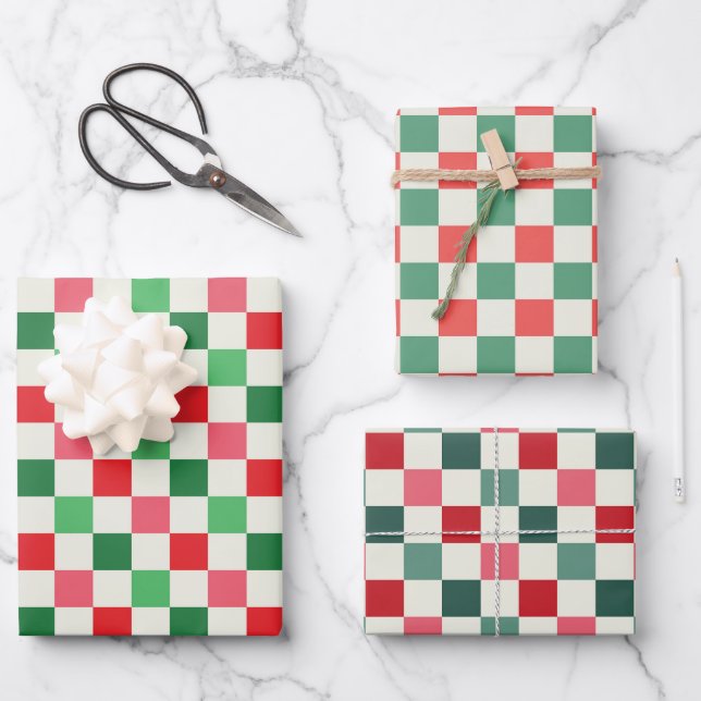 Modern Retro Pink Christmas Check Geschenkpapier Set (Vorderseite)