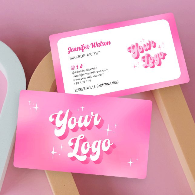 Modern Retro Pink Nails Tech Lashes Schöne Logos Visitenkarte (Trendy retro business cards in girly pink with space for your logo and contact details)
