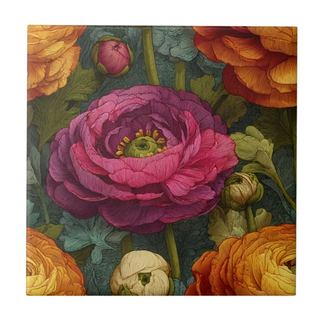 Modern Retro Ranunculus  Tiles  For Cooking Space Fliese (Vorderseite)