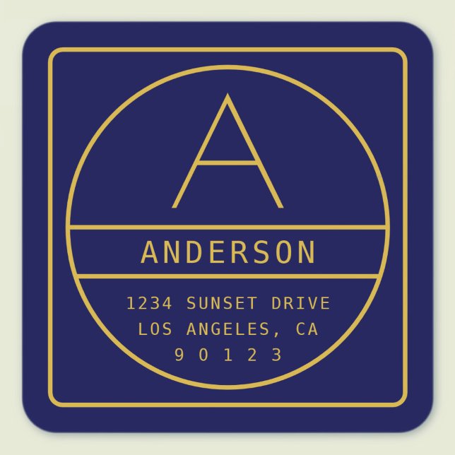 Modern Return Address & Monogram | Gold & Navy Quadratischer Aufkleber (Von Creator hochgeladen)
