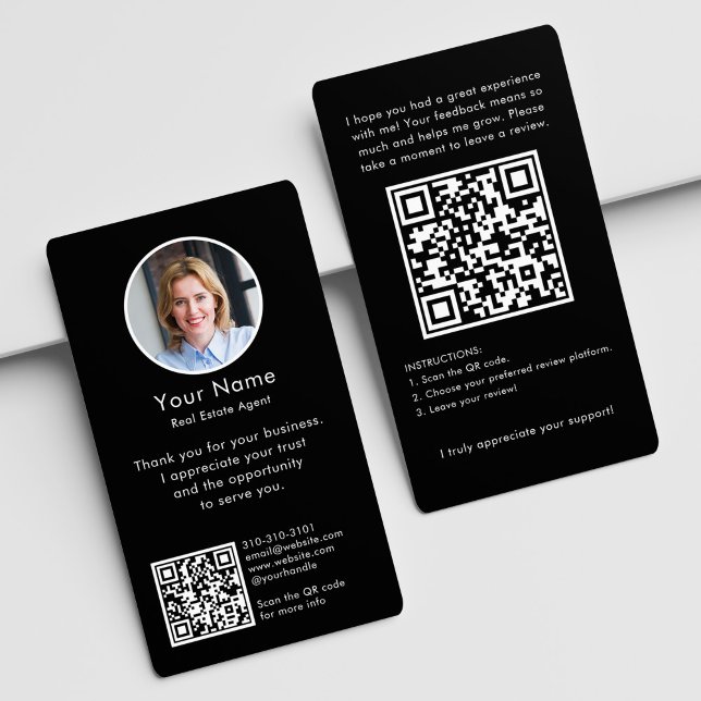 Modern Review Request with QR Code And Photo Black Visitenkarte (Von Creator hochgeladen)