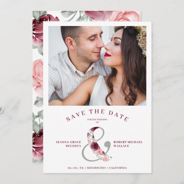 Modern Romantic Classic Floral Pink Shades Photo Save The Date (Vorne/Hinten)