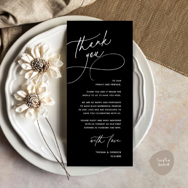 Modern Romantic Wedding Reception Thank You Card Programm (Modern Romantic Wedding Reception Dinner Lunch Brunch Thank You Card in Black and white)